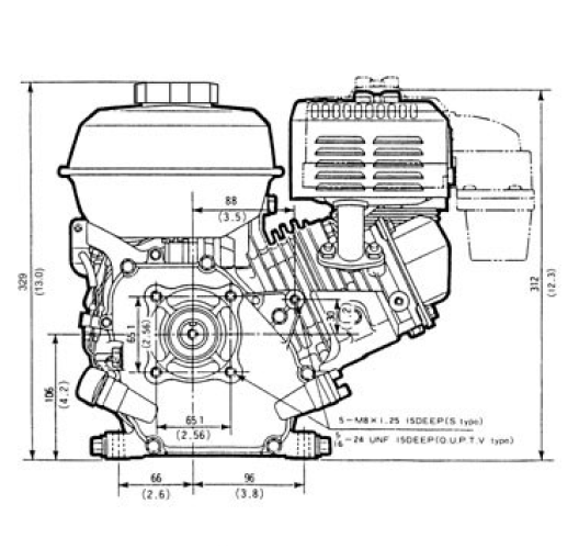 Front and side view of GX120 engine, dimensions displayed for height and width