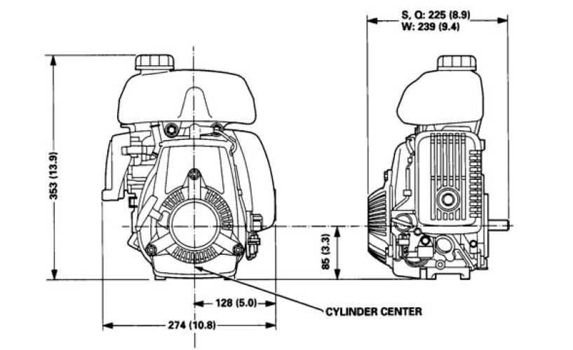 Front and side view of GXH50 engine, dimensions displayed for height and width