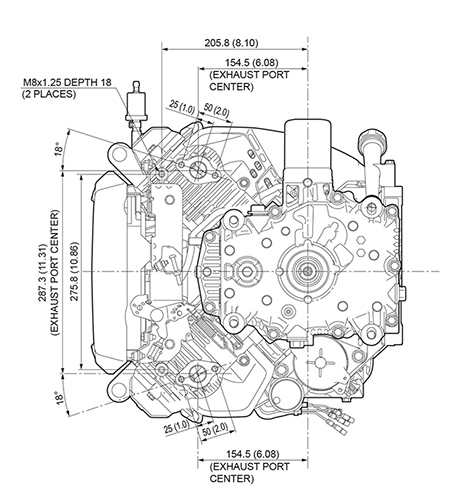 Front and side view of GXV630 engine, dimensions displayed for height and width